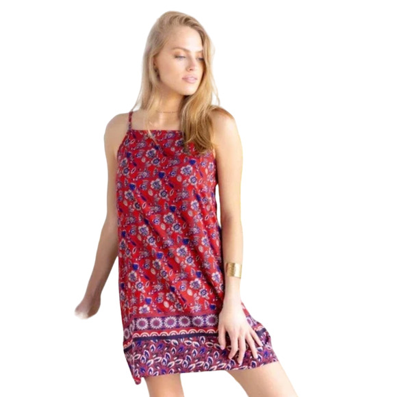 NWT Francesca's Mi ami Burnt Red & Blue Floral Print Rayon Shift Dress - SIZE S - Picture 2 of 10